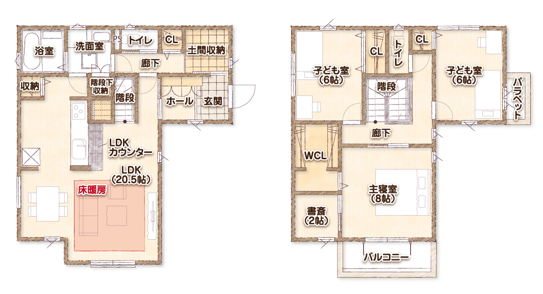 グローバルガーデン 津島市江西町6号地 間取り図 1階・2階（拡大）
