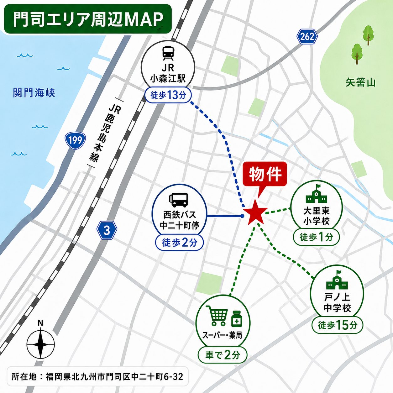 北九州市門司区エリア広域MAP。最寄り駅・周辺施設へのアクセスの参考。
