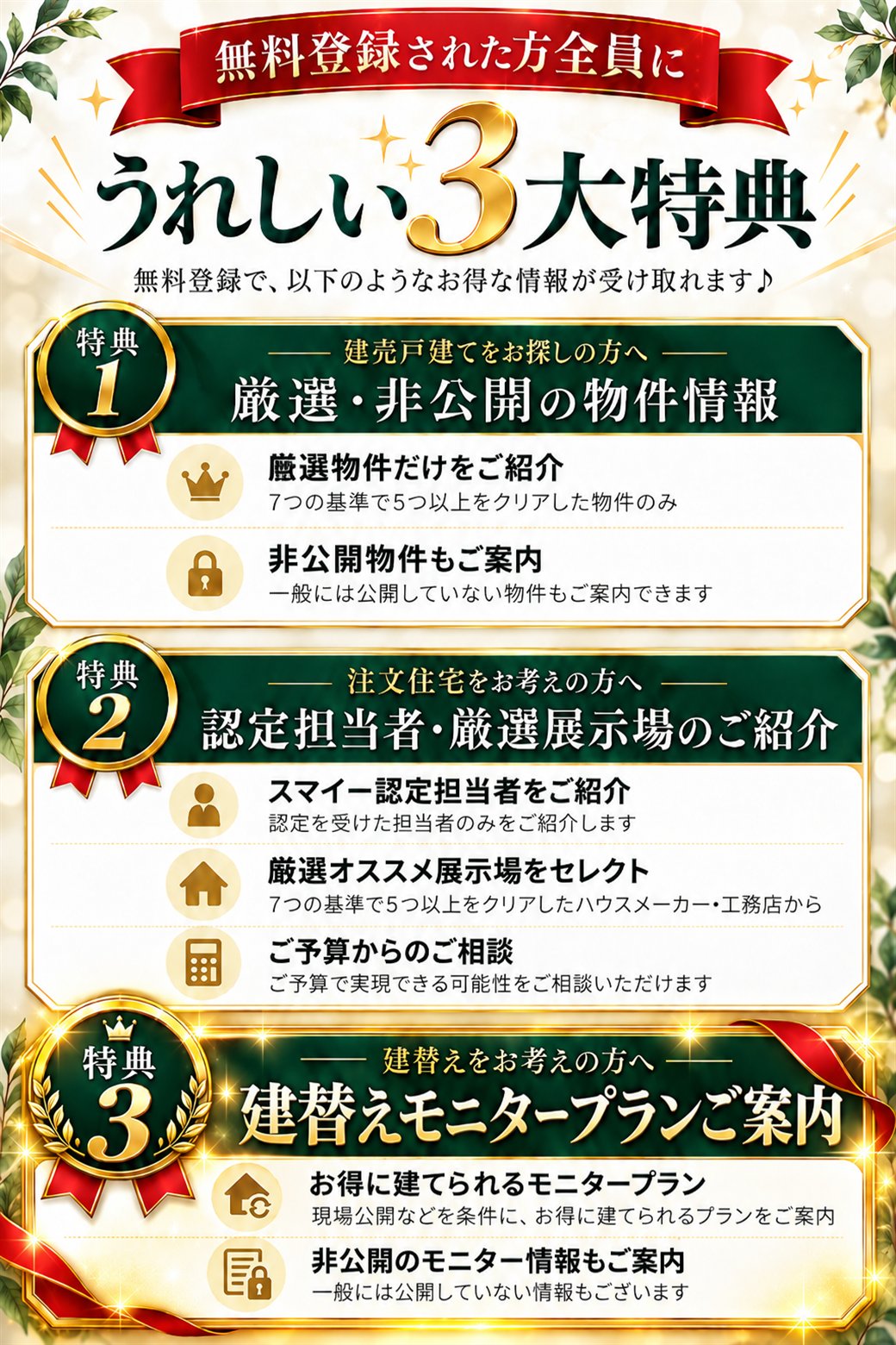 無料登録された方全員に うれしい3大特典。特典1 建売戸建てをお探しの方へ：厳選・非公開の物件情報（厳選物件だけをご紹介／非公開物件もご案内）。特典2 注文住宅をお考えの方へ：認定担当者・厳選展示場のご紹介（スマイー認定担当者をご紹介／厳選オススメ展示場をセレクト／ご予算からのご相談）。特典3 建替えをお考えの方へ：建替えモニタープランご案内（お得に建てられるモニタープラン／非公開のモニター情報もご案内）。