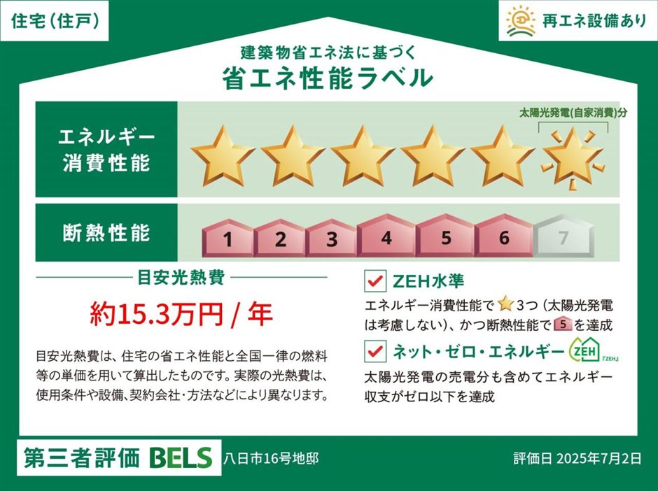 16号地の省エネ性能ラベル（BELS）：断熱性能 等級6・ZEH水準