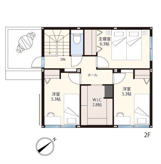 8-1号地 2階間取り図（主寝室6.3帖・洋室5.3帖×2・W.I.C2.8帖）