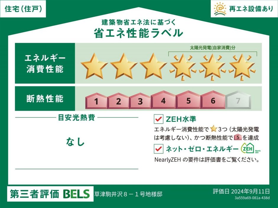 8-1号地の省エネ性能ラベル（BELS）：断熱性能 等級6・ZEH水準・Nearly ZEH