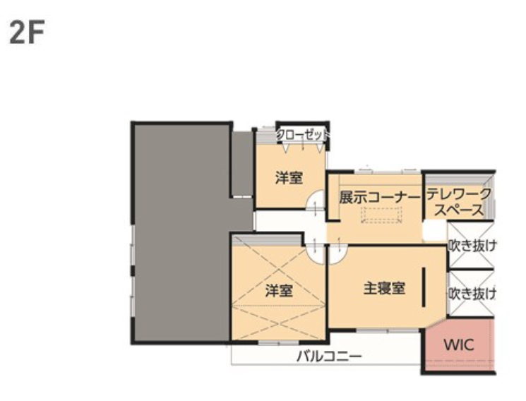 福岡マリナ通り店モデルハウス 2F間取り図（主寝室・洋室2室・展示コーナー・テレワークスペース・WIC・バルコニー）