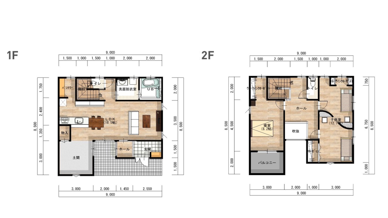 久留米店モデルハウス 1F・2F間取り図（LDK18.5帖・寝室8.2帖・子供室12.7帖）