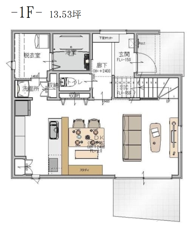 乃木福富建売住宅 1F間取り図（13.53坪）