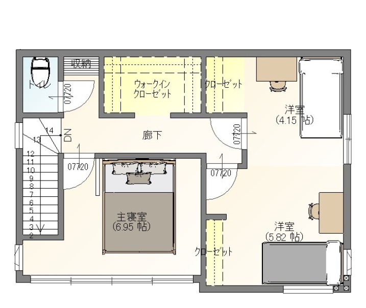 直方頓野モデルハウス 2階の間取り図（主寝室6.95帖・洋室5.82帖・洋室4.15帖）