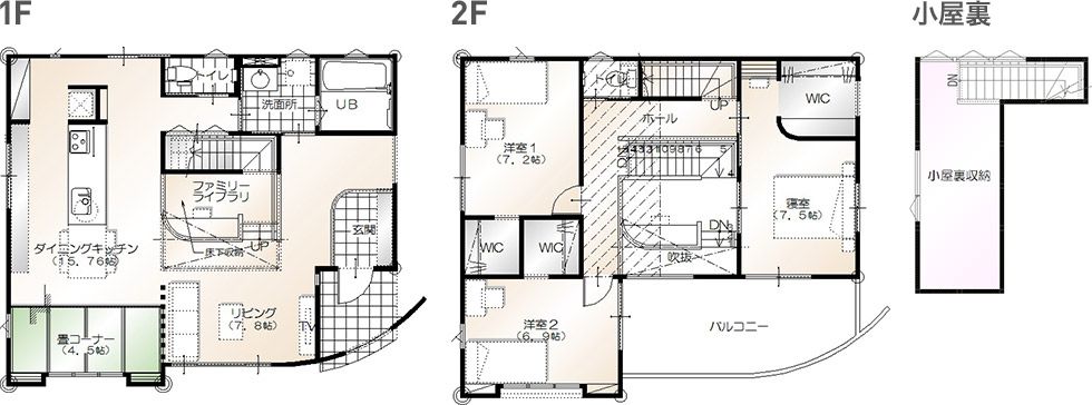 イオンモール大牟田店モデルハウス 1F・2F・小屋裏 間取り図（ファミリーライブラリ・畳コーナー・吹抜・小屋裏収納）